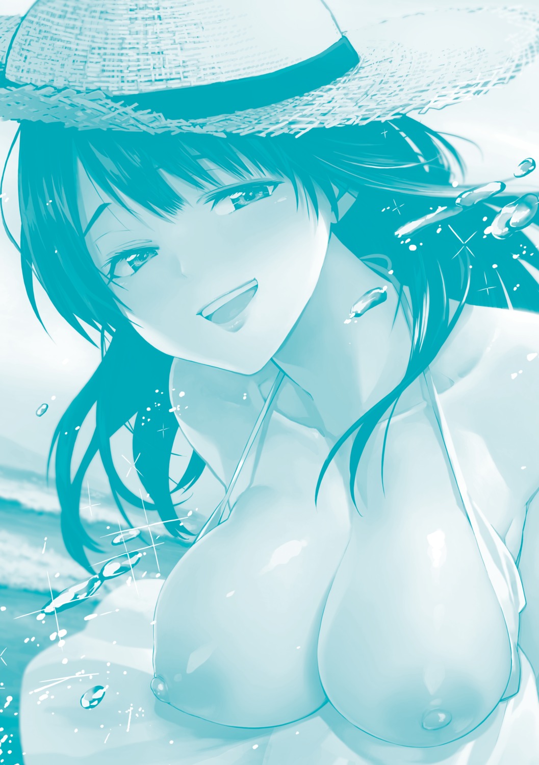 breasts dress fujimaru monochrome nipples no_bra open_shirt summer_dress