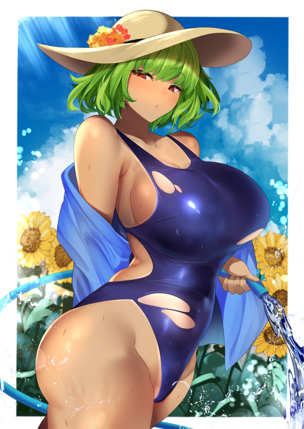 erect_nipples kazami_yuuka sinkai swimsuits tan_lines torn_clothes touhou wet