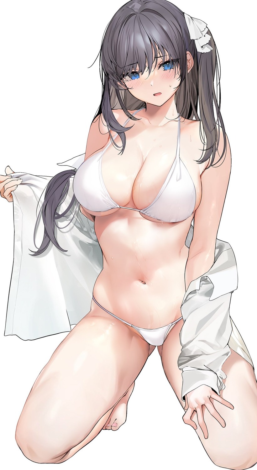 bikini dress_shirt marushin open_shirt swimsuits undressing