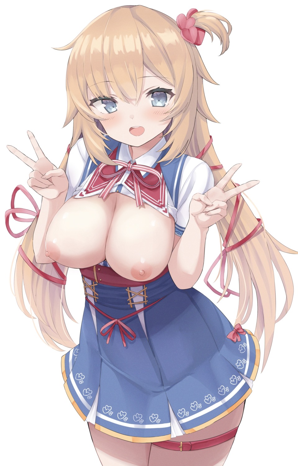 akai_haato breasts garter hololive nekohuman221_(tsun221) nipples no_bra open_shirt seifuku