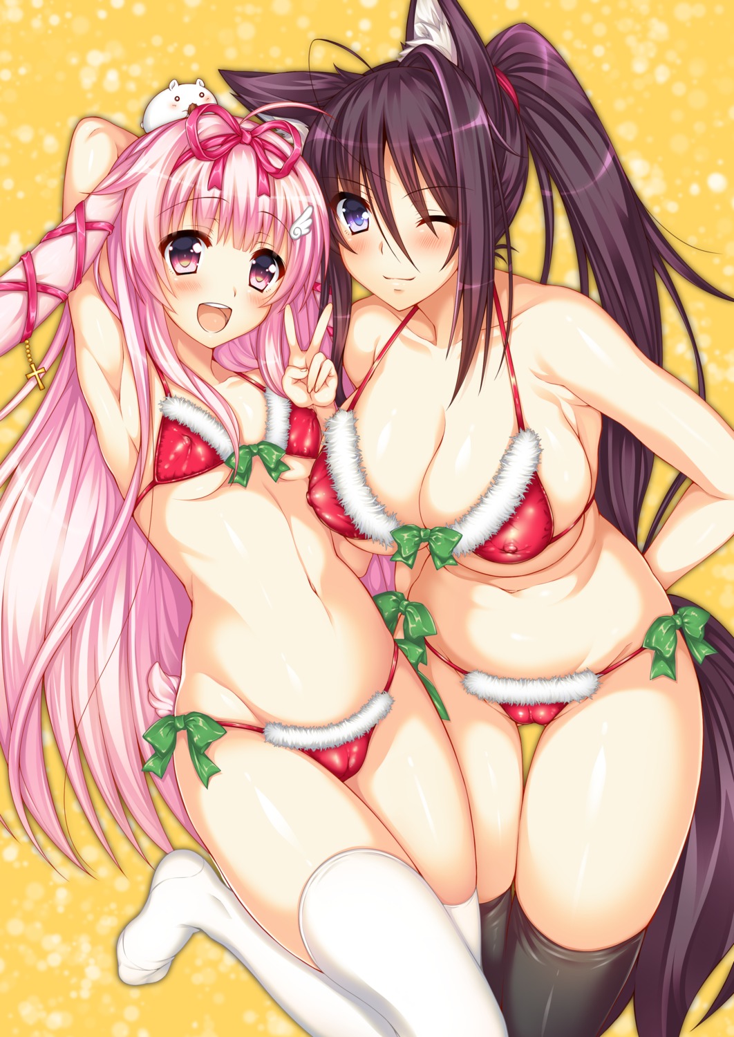 akashi_(akashimichi) animal_ears bikini bunny_ears cameltoe christmas cleavage erect_nipples swimsuits tail thighhighs underboob