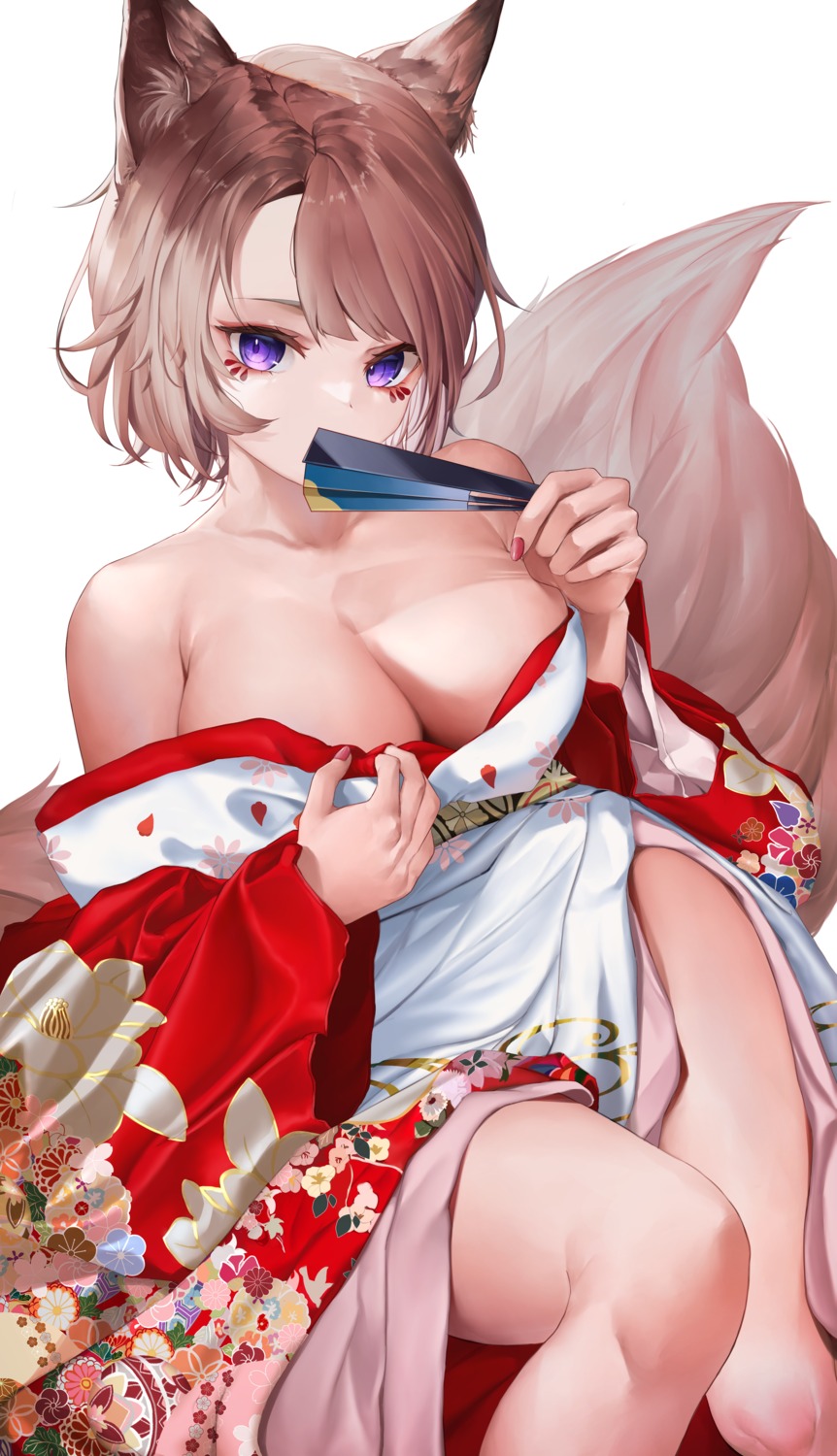 animal_ears kimono mugimaccha no_bra open_shirt tail