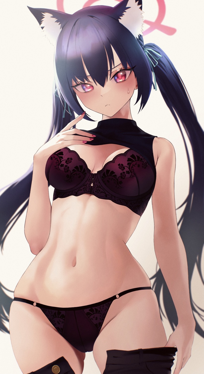 animal_ears blue_archive bra dae_(dog-of-maou) halo kuromi_serika nekomimi pantsu shirt_lift undressing