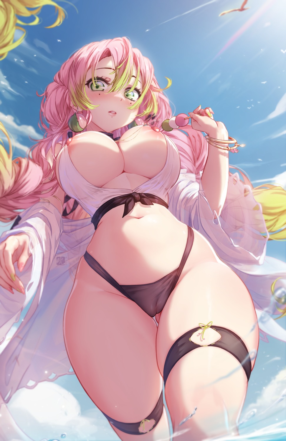 bikini kanroji_mitsuri kimetsu_no_yaiba mitsu_(mitsu_art) nipples open_shirt pussy see_through swimsuits