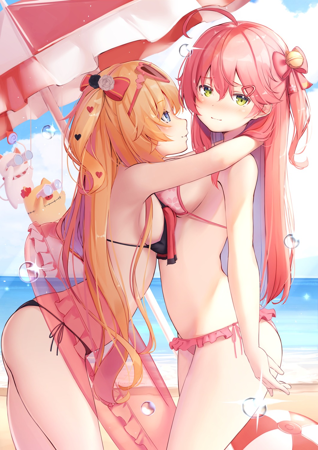 akai_haato bikini hololive megane nyan_(reinyan_007) sakura_miko swimsuits symmetrical_docking yuri