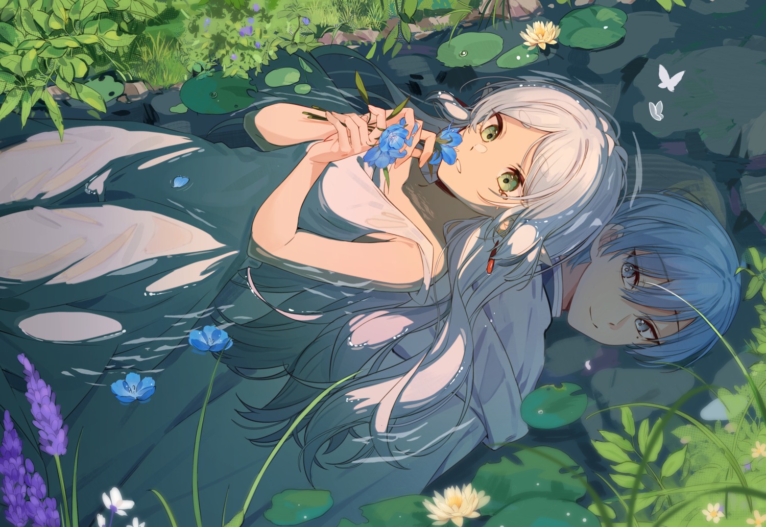 dress elf frieren himmel no_bra pointy_ears see_through sousou_no_frieren summer_dress wet wet_clothes xuya2333