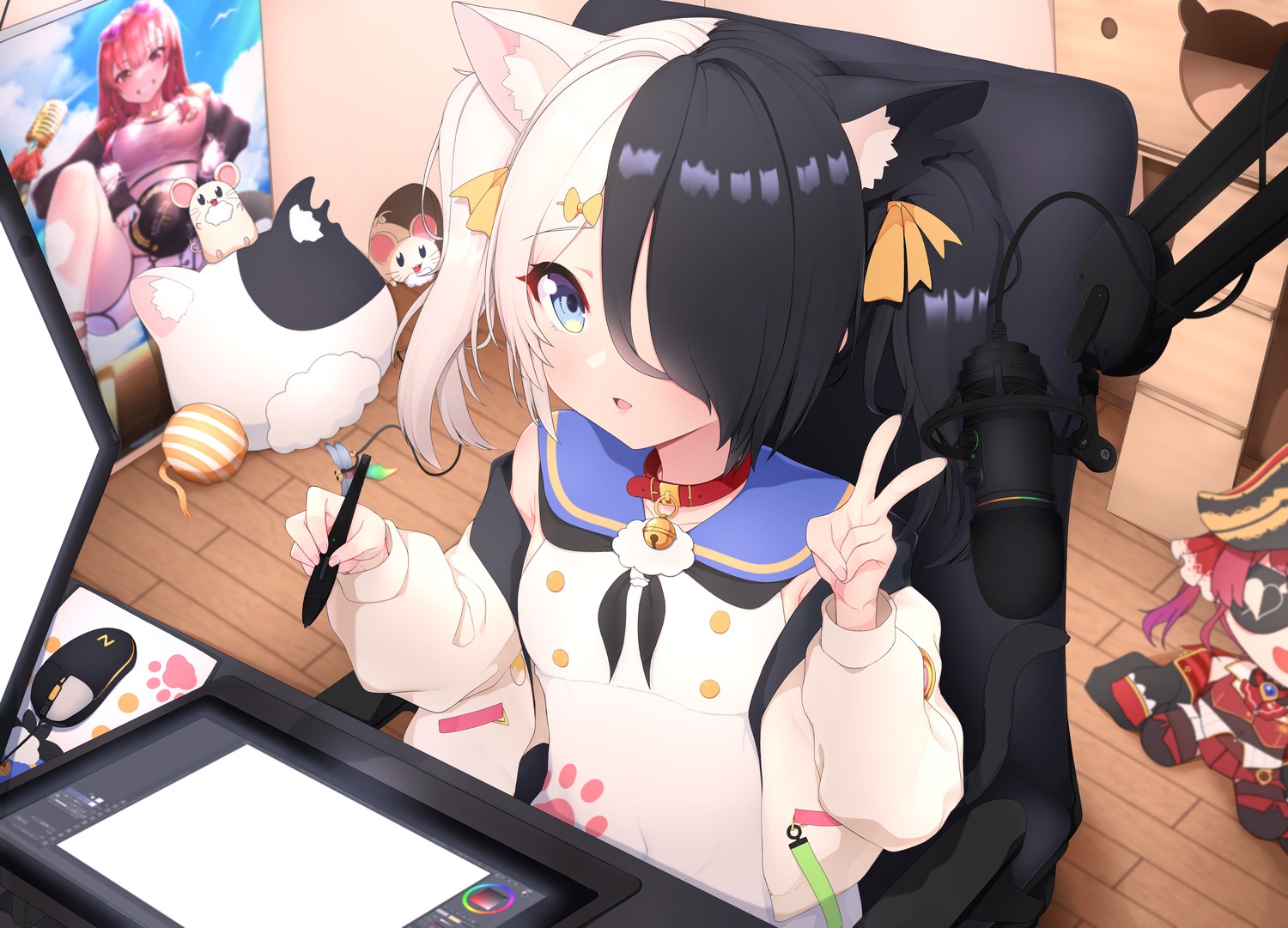 animal_ears chibi eyepatch heterochromia hololive houshou_marine nekomimi nello_kun seifuku tail