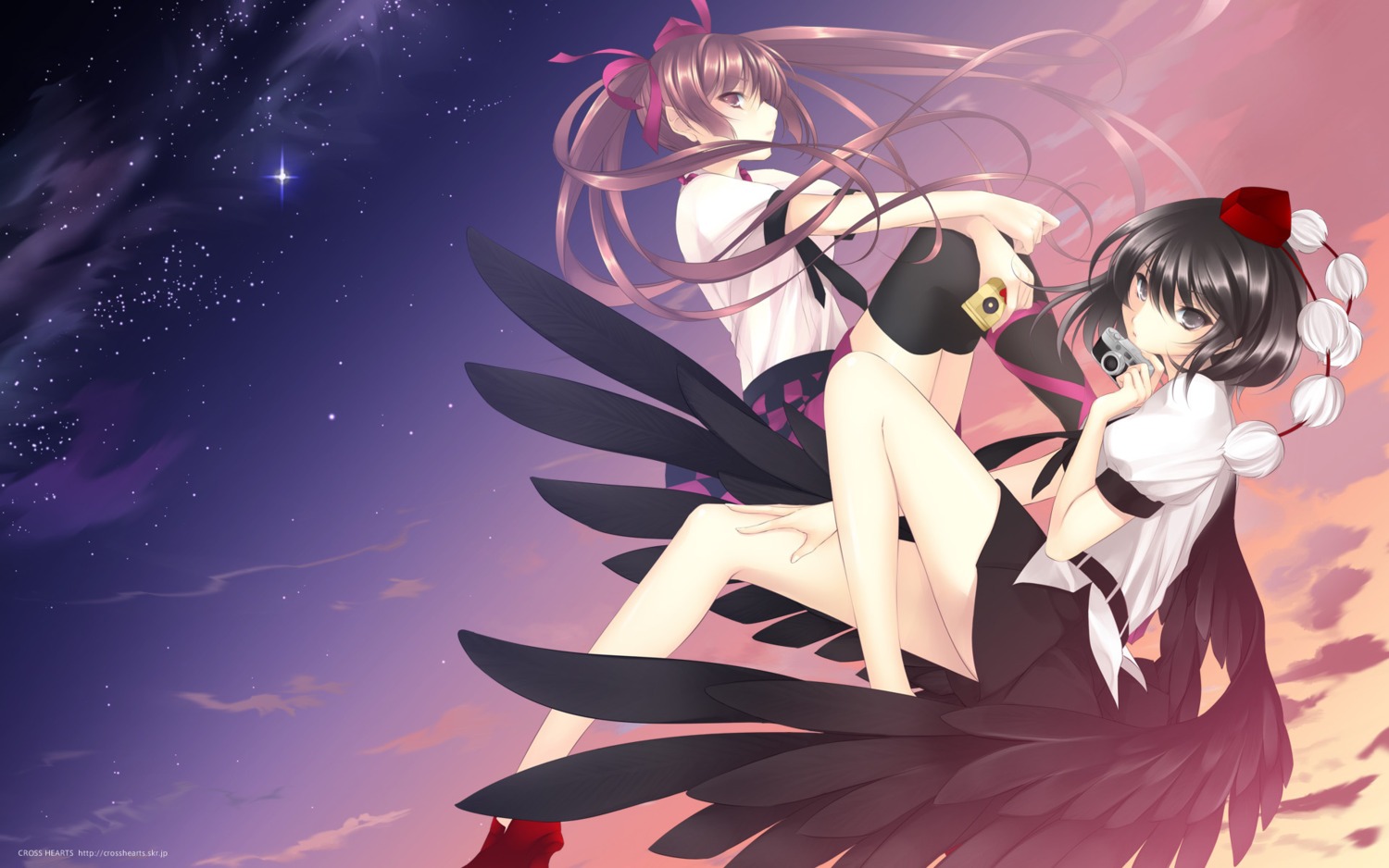 ayase_hazuki himekaidou_hatate pointy_ears shameimaru_aya thighhighs touhou wallpaper wings