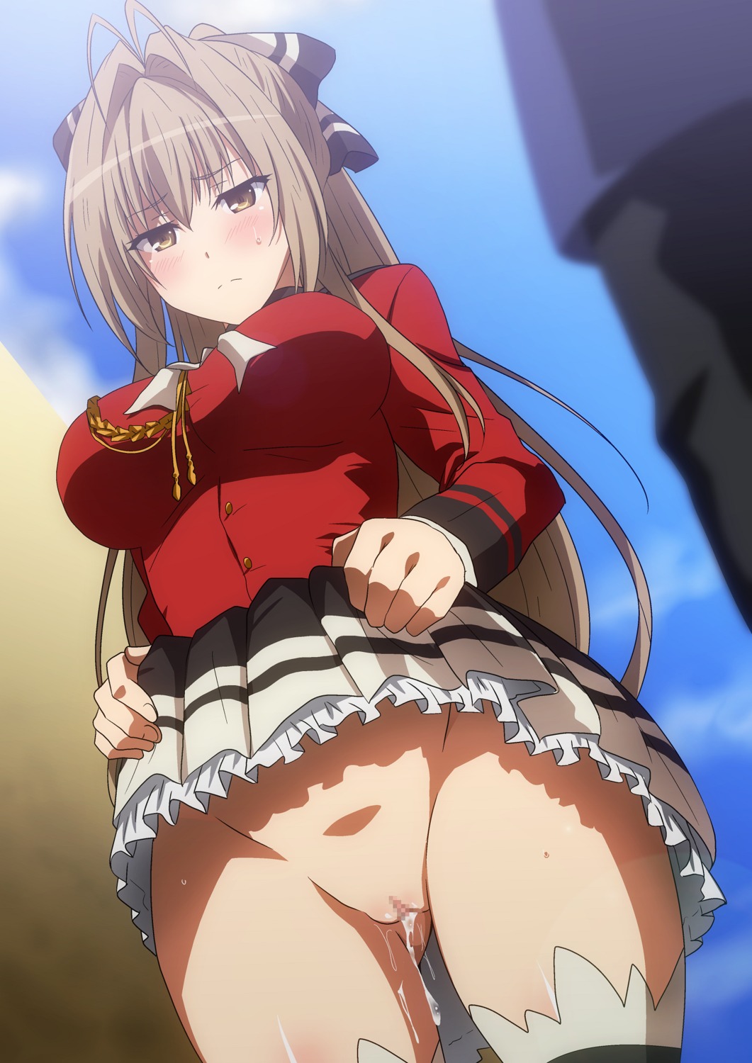 amagi_brilliant_park censored cum hara_(harayutaka) nopan pussy pussy_juice sento_isuzu skirt_lift thighhighs uniform