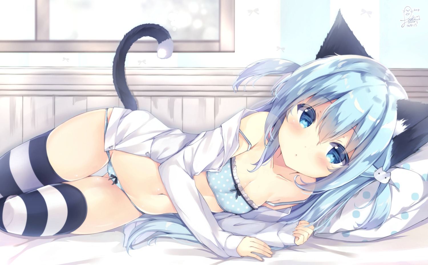 animal_ears bra cameltoe cleavage dress_shirt gabu nekomimi open_shirt pantsu panty_pull saeki_sola tail thighhighs