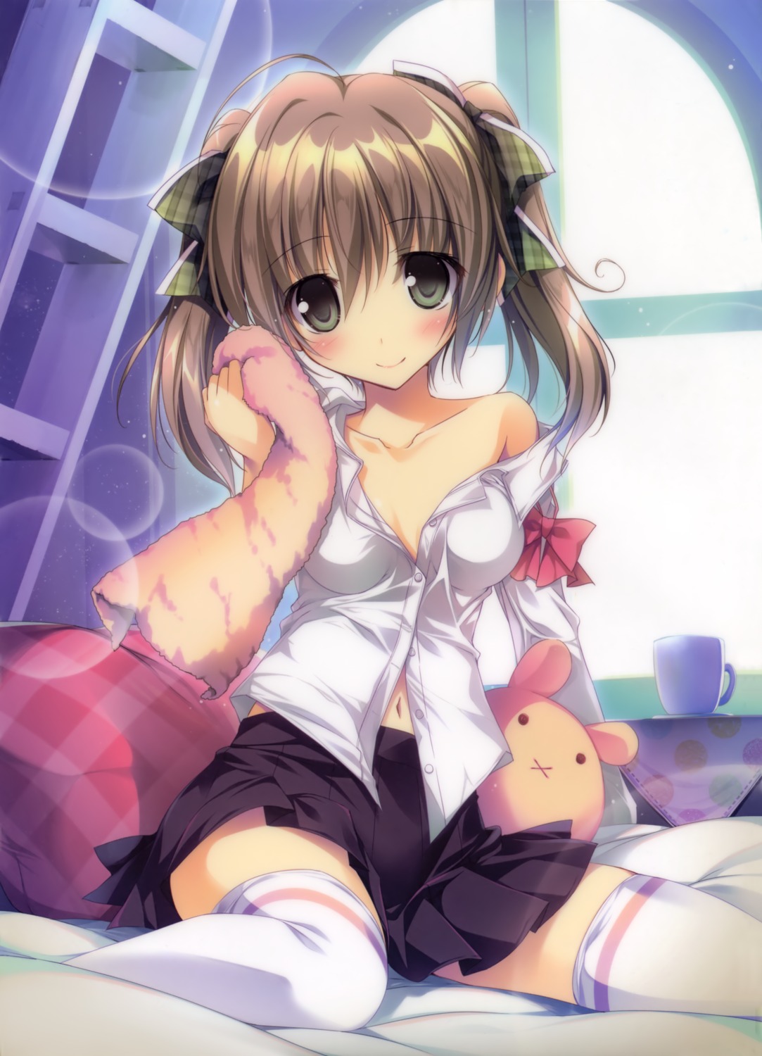 karory lashinbang no_bra open_shirt renren seifuku skirt_lift thighhighs towel