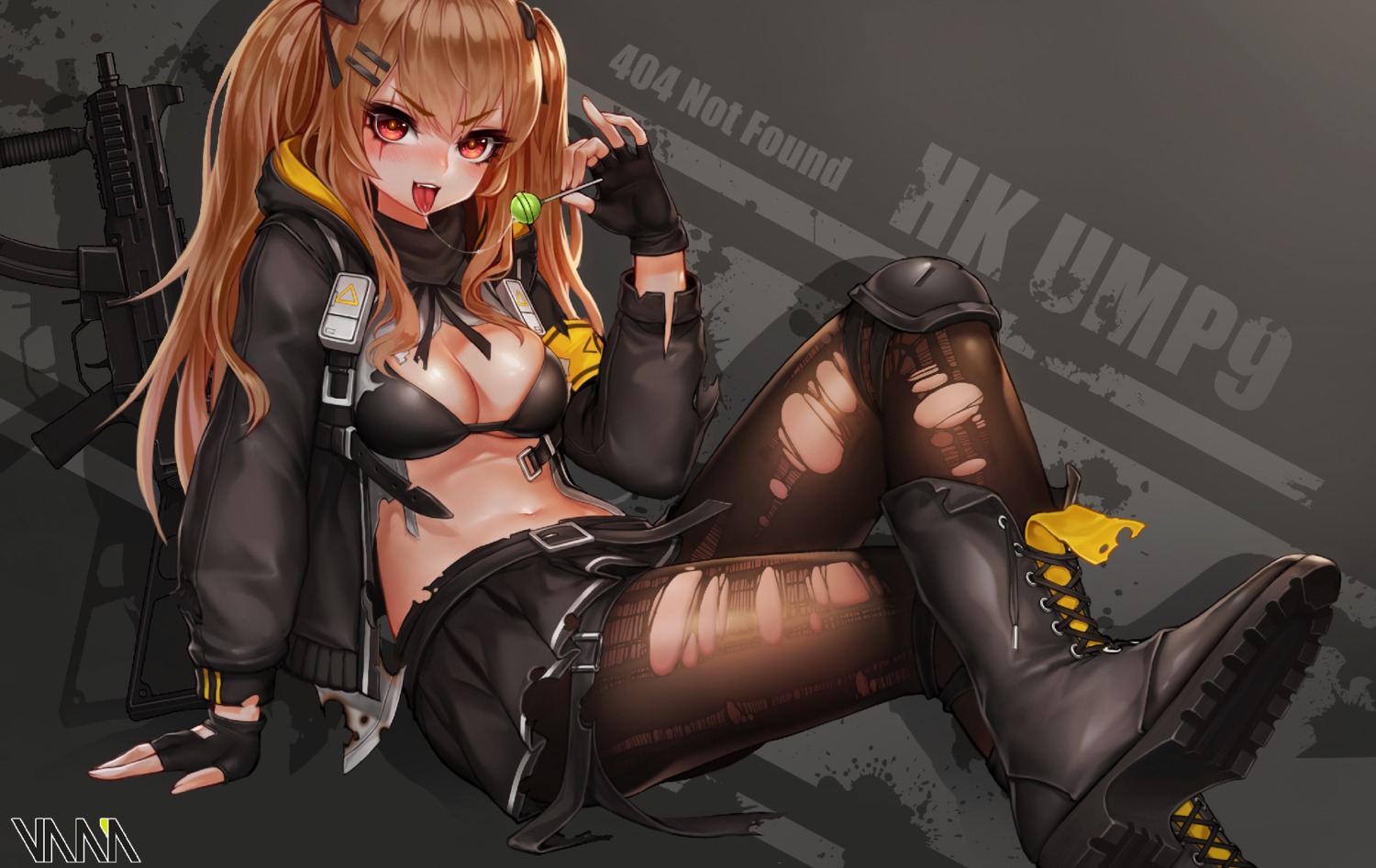 armor bikini_top girls_frontline gun open_shirt pantyhose swimsuits torn_clothes ump9_(girls_frontline) vana