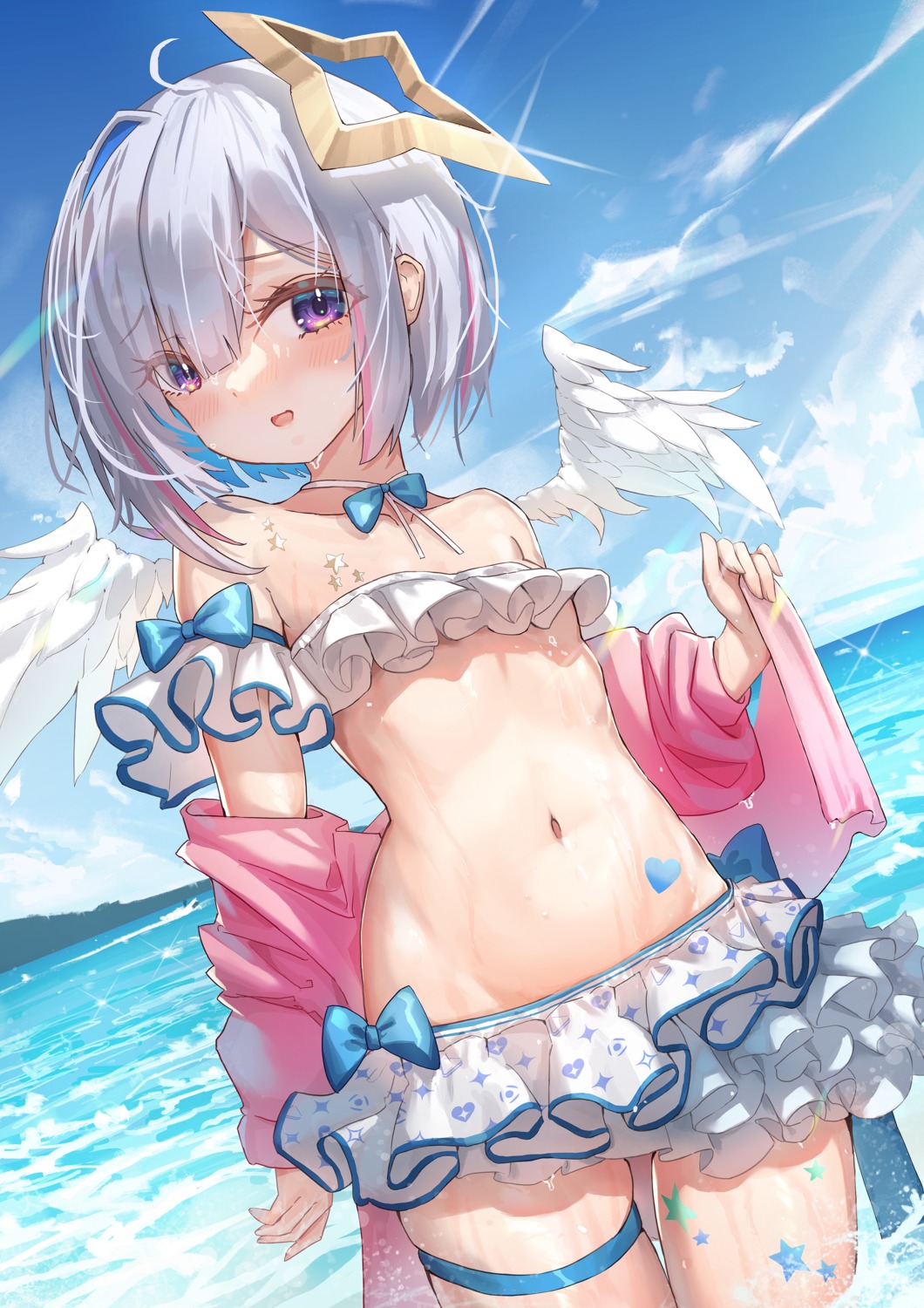 amane_kanata angel bikini garter hololive juu_p open_shirt swimsuits tattoo wet wings