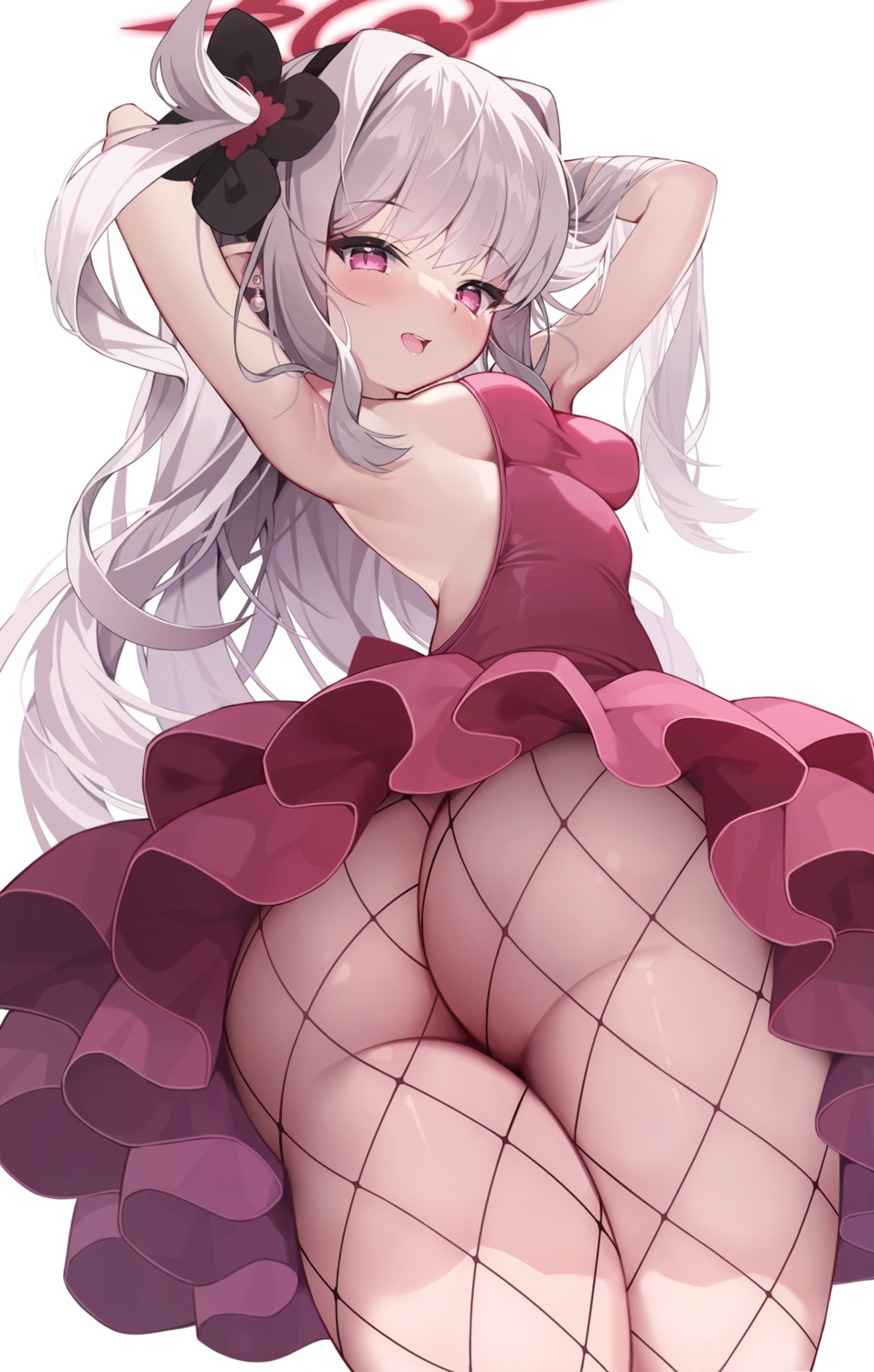 asagi_mutsuki ass blue_archive dress fishnets halo loli no_bra nopan pantyhose pinki_o64 pointy_ears skirt_lift