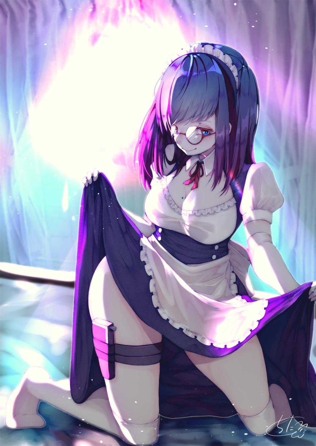 chita_(ketchup) cleavage garter maid megane skirt_lift thighhighs wet