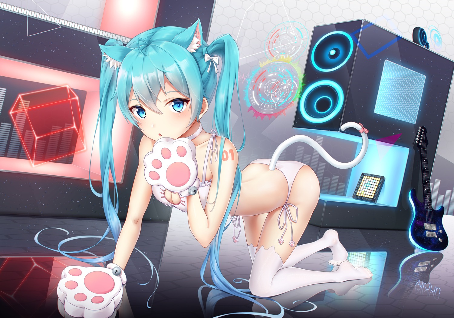 airjun animal_ears bra cleavage hatsune_miku nekomimi pantsu string_panties tail tattoo thighhighs vocaloid