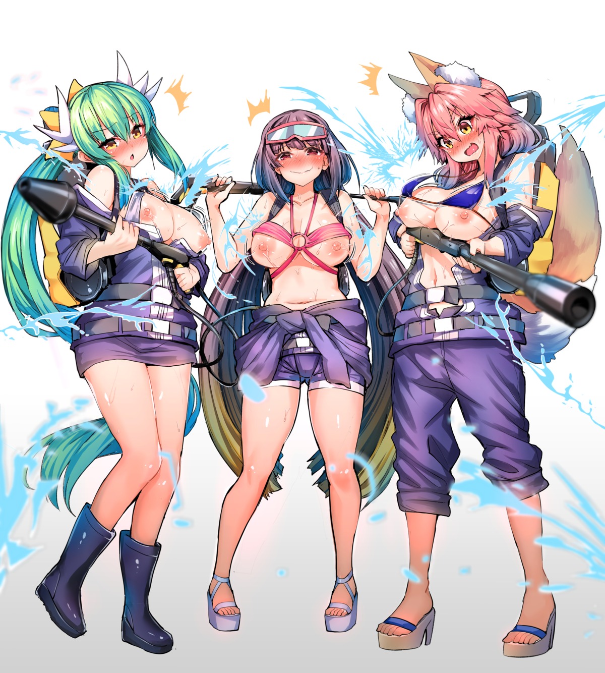 animal_ears bikini_top breasts fate/grand_order heels horns kitsune kiyohime_(fate/grand_order) nipples open_shirt osakabe-hime_(fate/grand_order) swimsuits tail tamamo_no_mae uniform wardrobe_malfunction weapon wisespeak