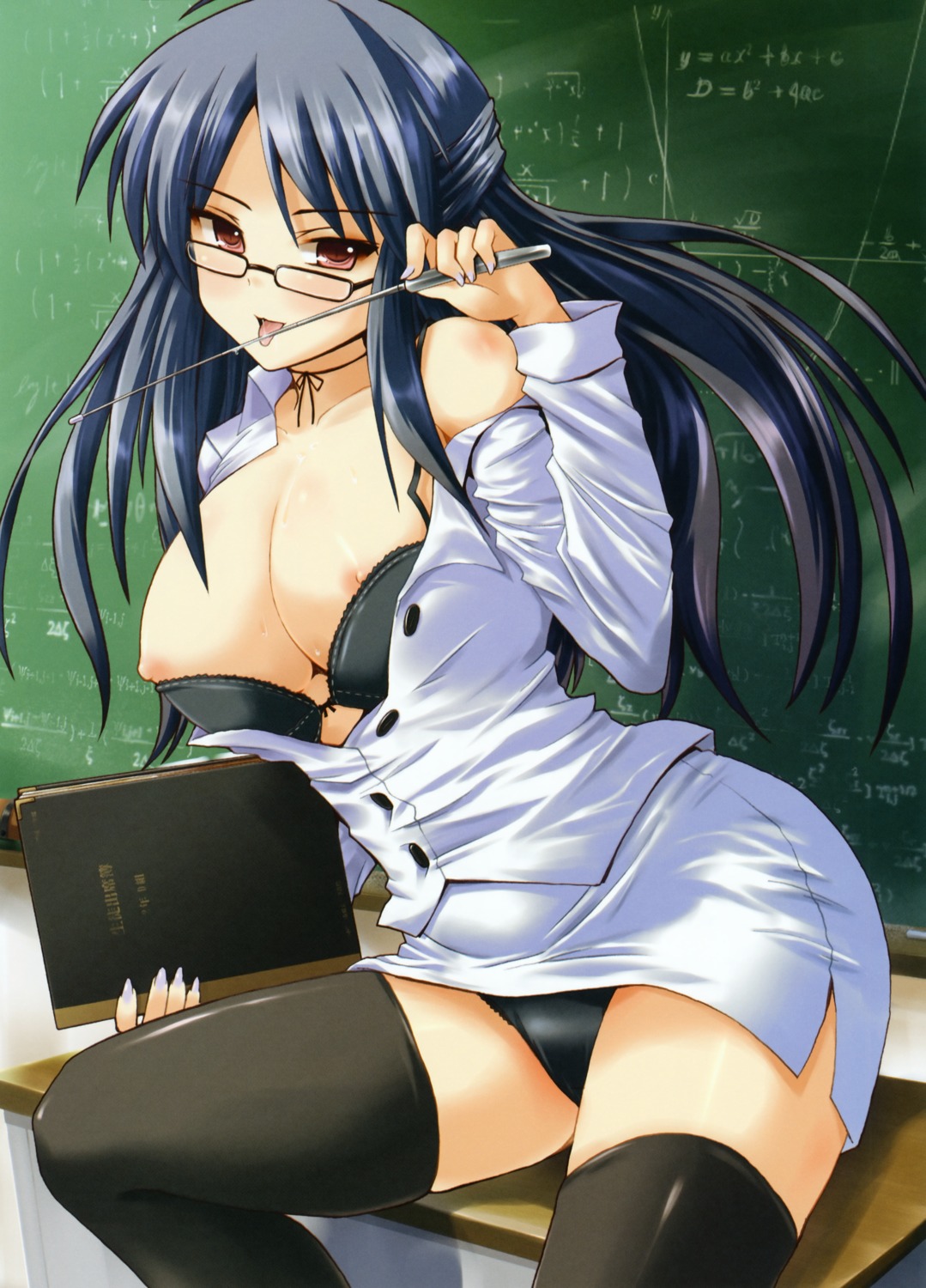 bra cleavage megane nipple_slip open_shirt pantsu shinshin thighhighs