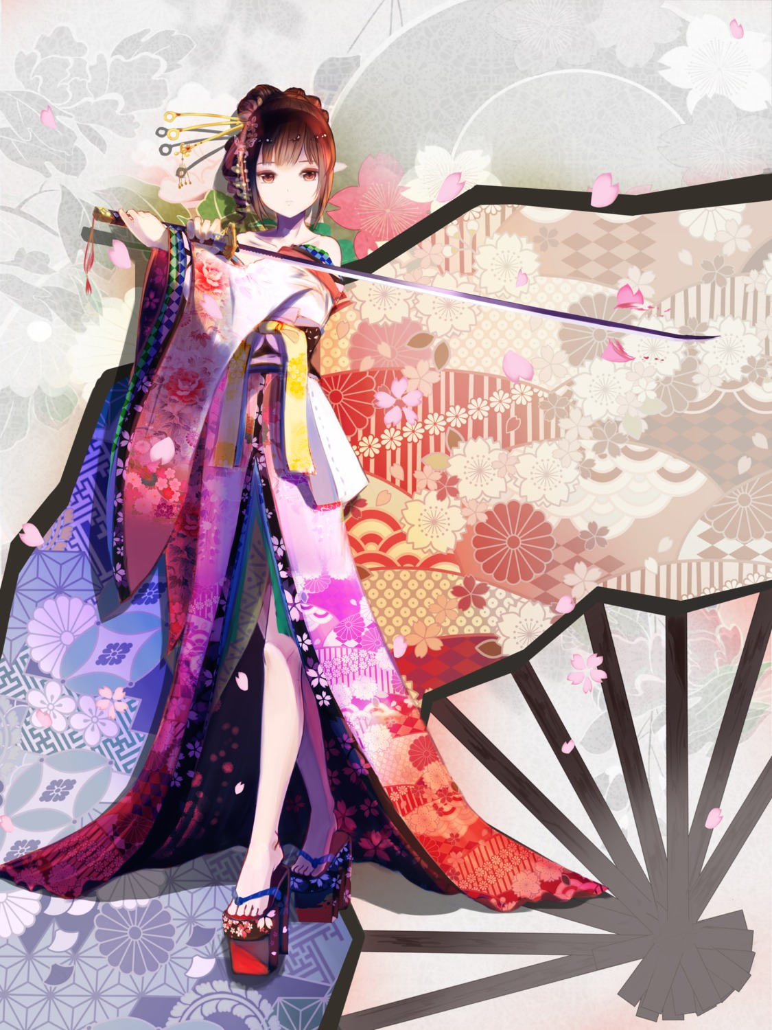 kimono red_flowers sword