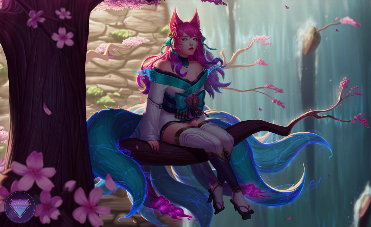 ahri animal_ears galaxyjewelz japanese_clothes kitsune league_of_legends no_bra open_shirt tail thighhighs