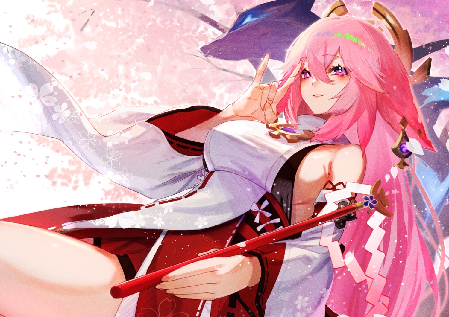 animal_ears genshin_impact japanese_clothes kitsune murechika no_bra yae_miko