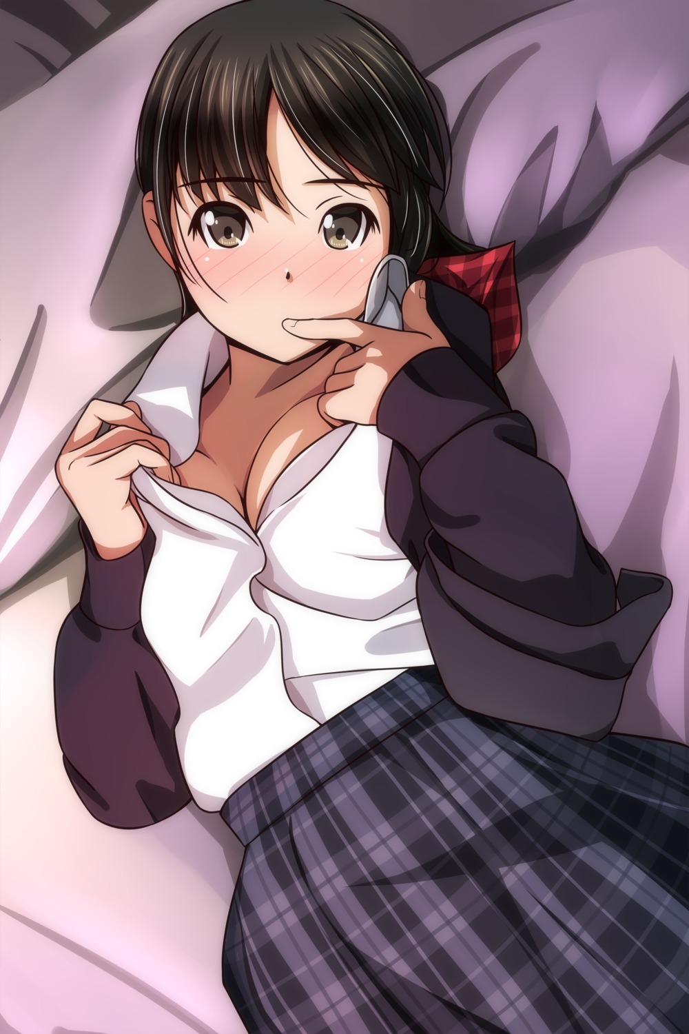 bra cleavage matsunaga_kouyou open_shirt seifuku sweater undressing