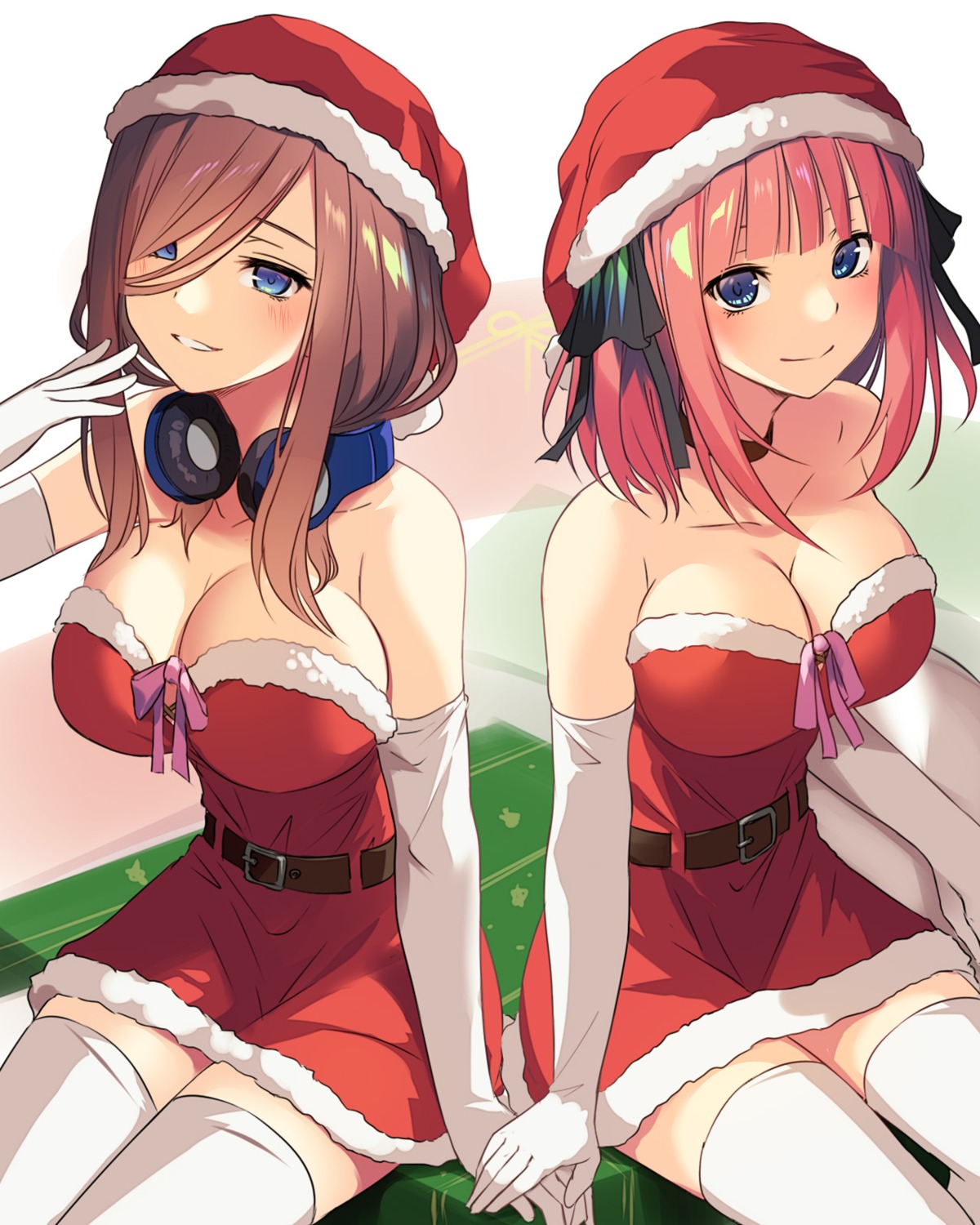 5-toubun_no_hanayome christmas cleavage dress headphones kuroyui nakano_miku nakano_nino thighhighs