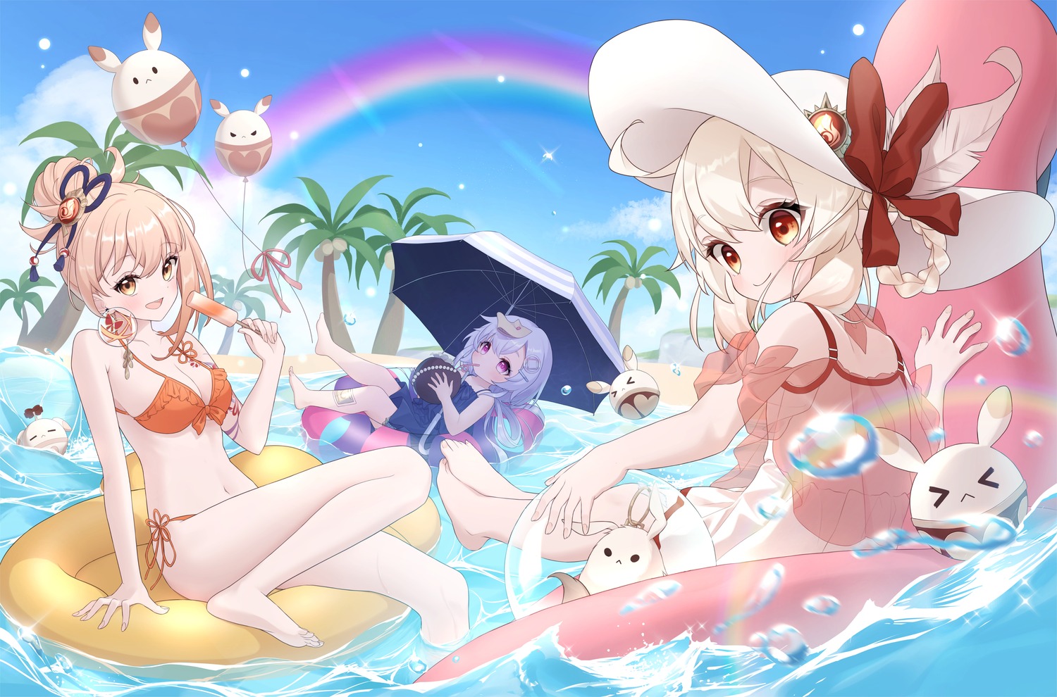 bikini genshin_impact klee neneko_sleep pointy_ears qiqi see_through swimsuits umbrella wet yoimiya