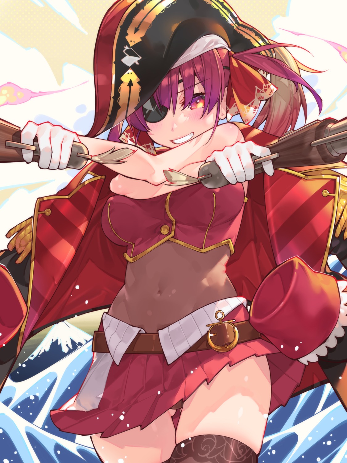 eyepatch gun heterochromia hololive houshou_marine leotard pirate skirt_lift thighhighs waterring