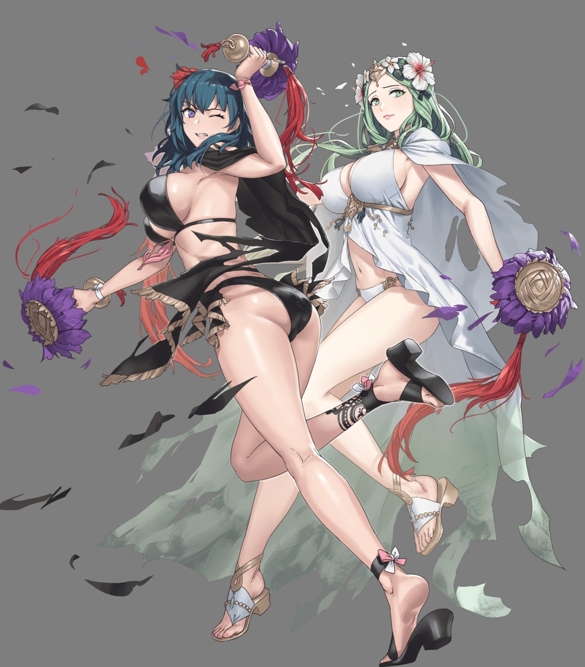 ass bikini byleth_(fire_emblem) cleavage cuboon fire_emblem fire_emblem_heroes fire_emblem_three_houses heels nintendo rhea_(fire_emblem) swimsuits torn_clothes weapon