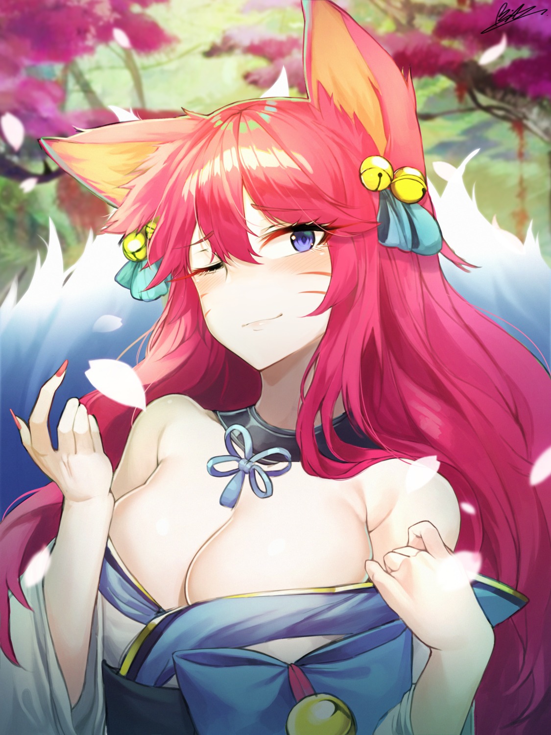 ahri animal_ears bil-ajeossi japanese_clothes league_of_legends no_bra open_shirt undressing