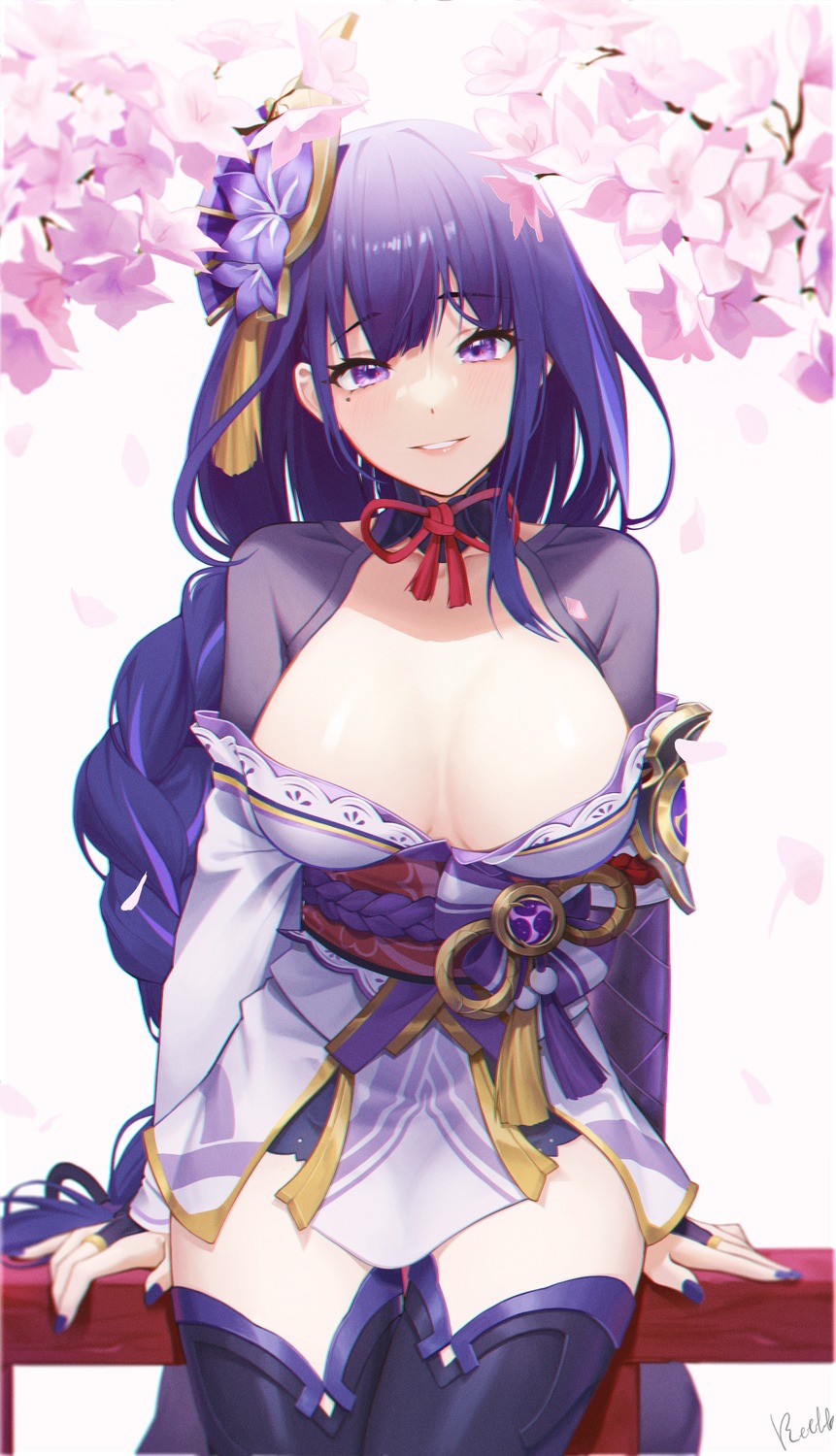 genshin_impact ildanbaggobwa japanese_clothes no_bra open_shirt raiden_shogun thighhighs