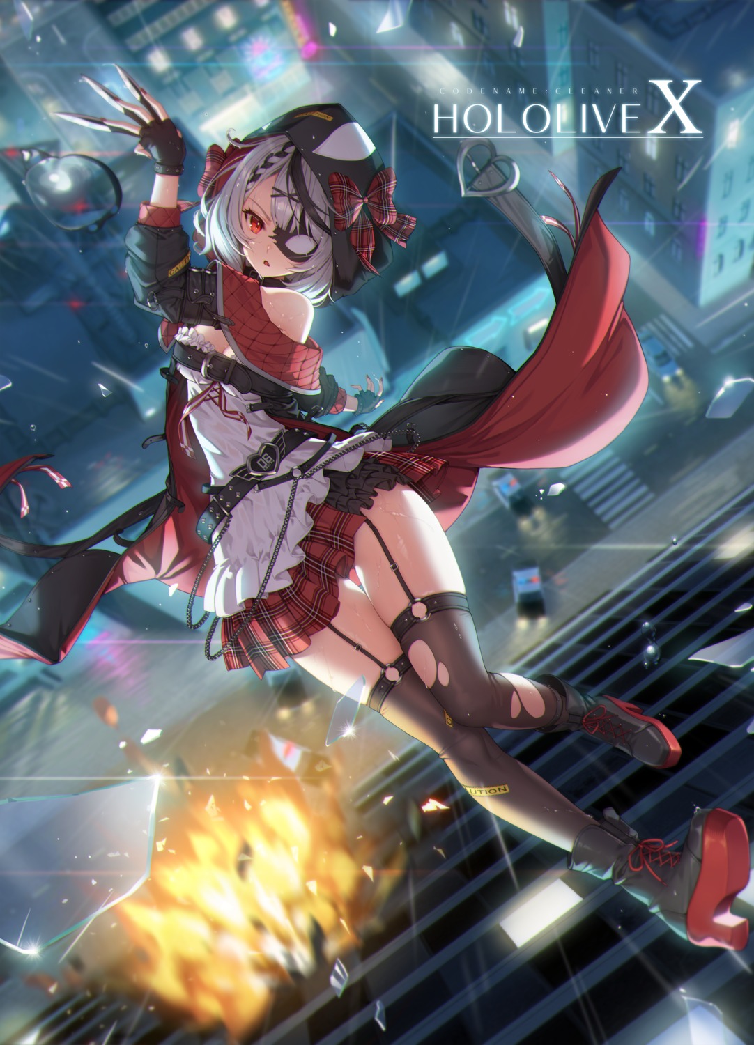 eyepatch hololive sakamata_chloe skirt_lift sseli stockings thighhighs torn_clothes weapon