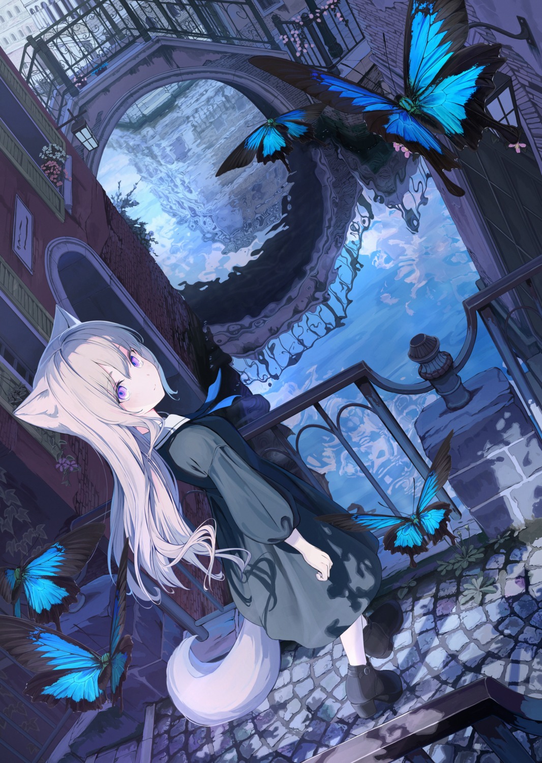 animal_ears dress landscape mikisai nekomimi tail