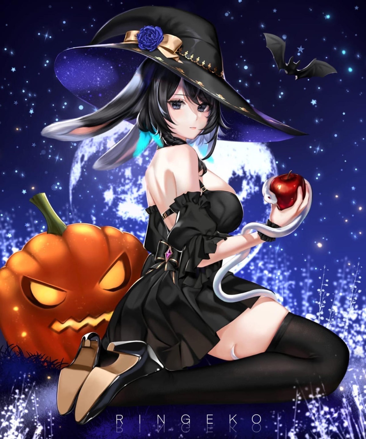 animal_ears bunny_ears dress halloween heels no_bra ringeko-chan thighhighs witch