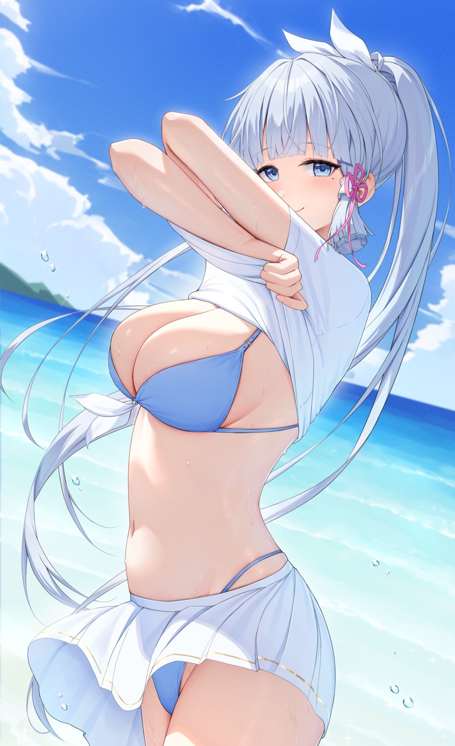 bikini genshin_impact kamisato_ayaka rosumerii see_through shirt_lift skirt_lift swimsuits undressing wet