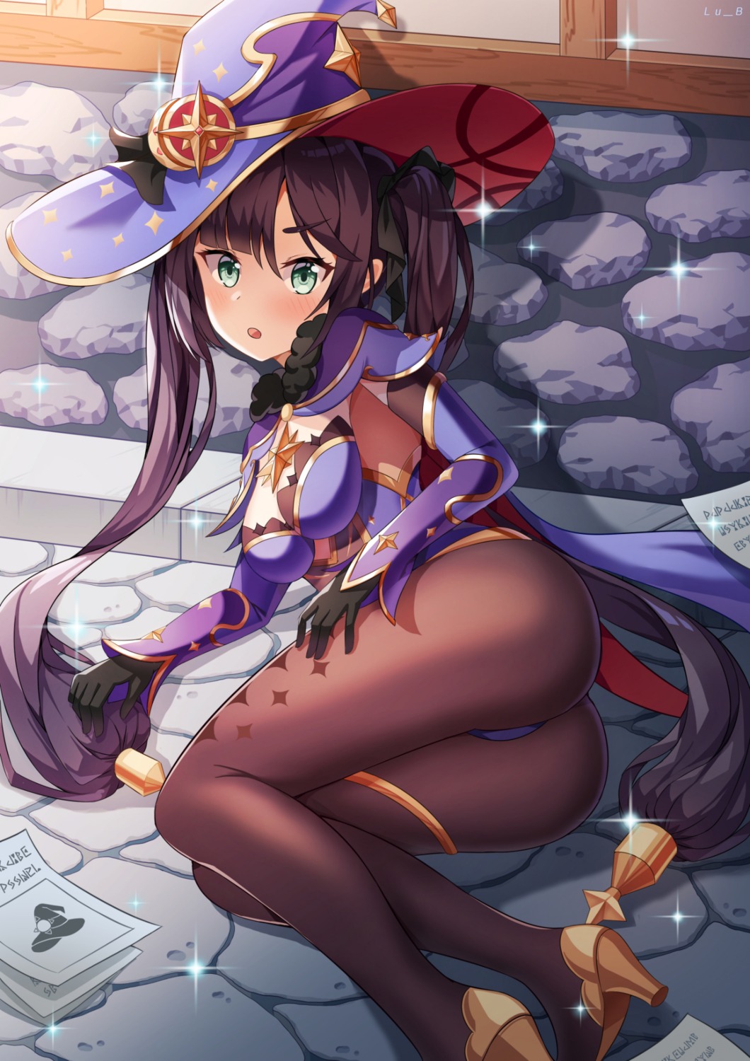 ass garter genshin_impact heels leotard lu_b mona_megistus no_bra pantyhose witch