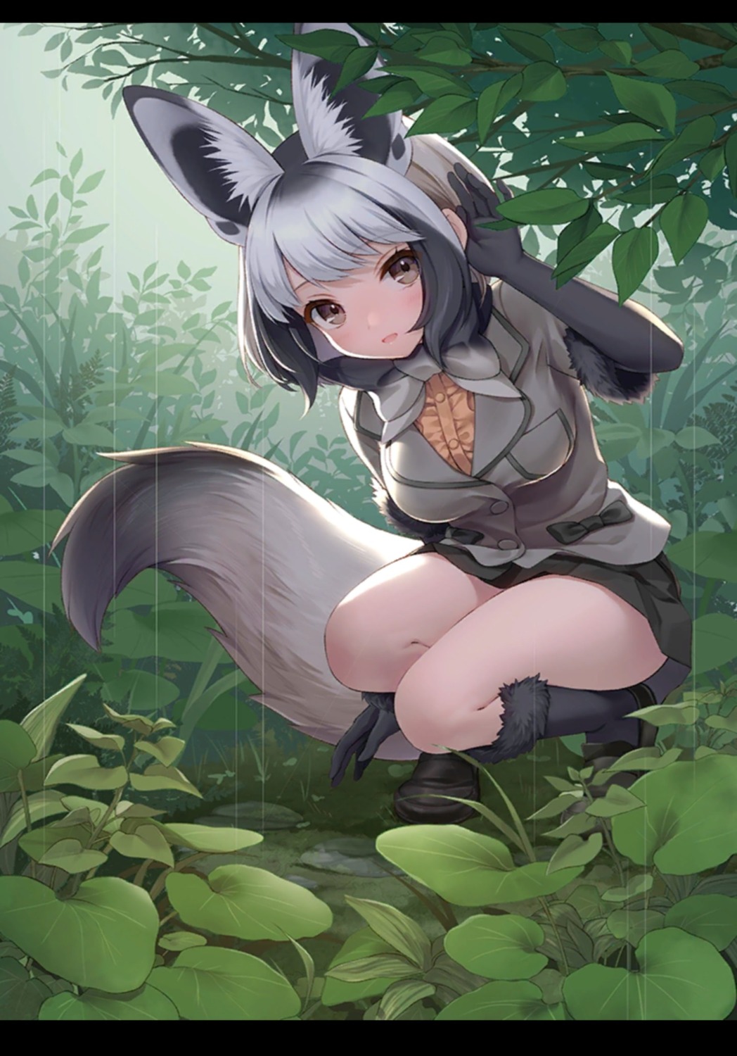 animal_ears bat-eared_fox_(kemono_friends) kemono_friends kitsune ne-on skirt_lift tail