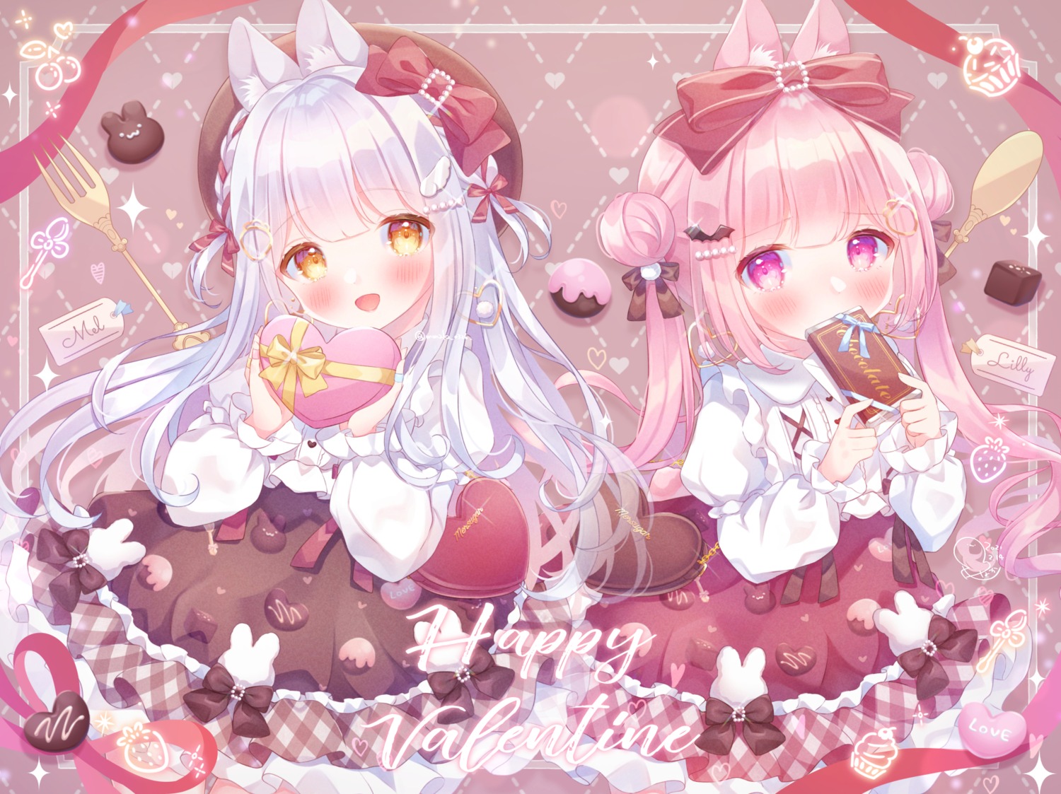 animal_ears bunny_ears lilly_(omochi_monaka) lolita_fashion mel_(omochi_monaka) omochi_monaka tail valentine