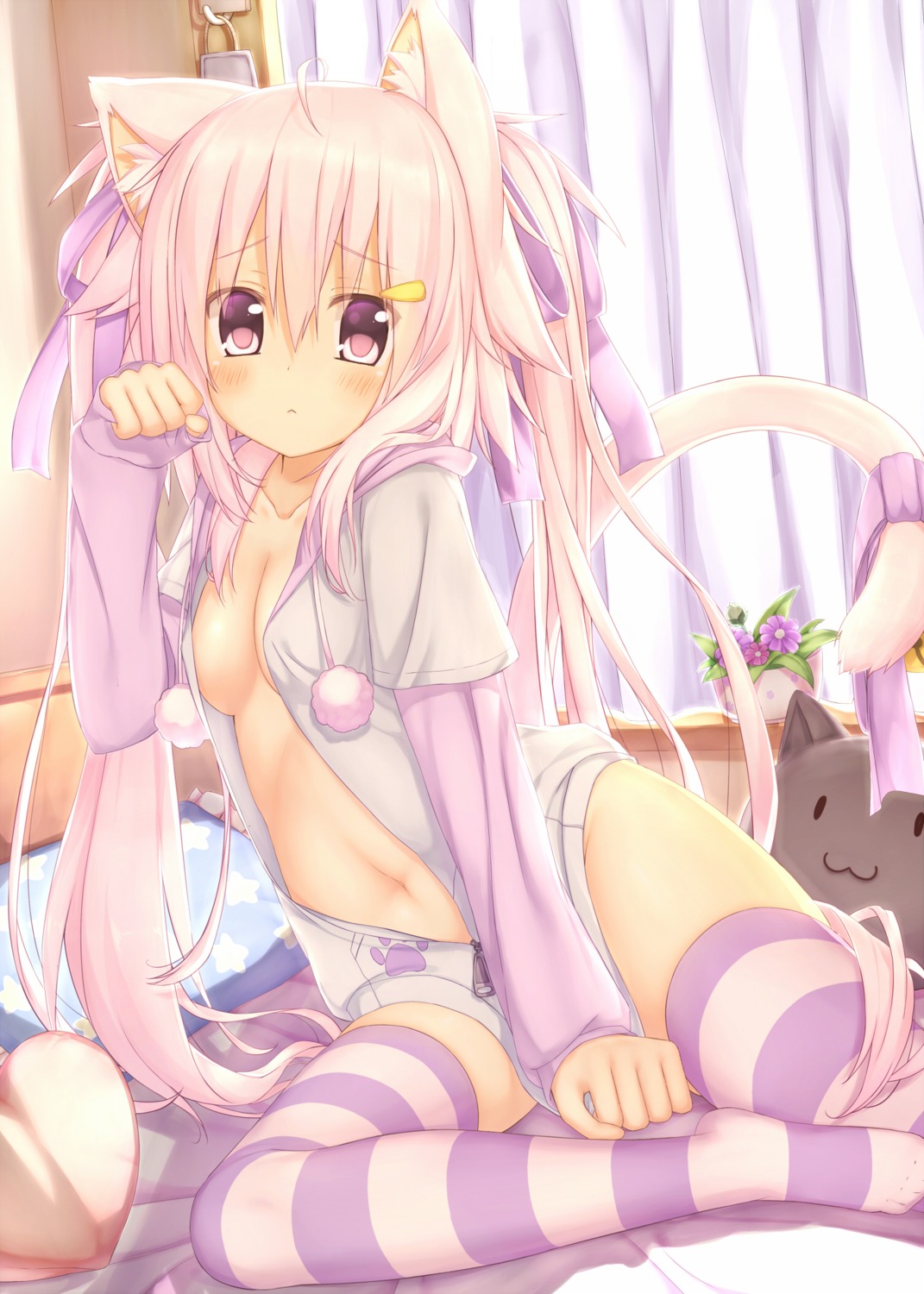 animal_ears bottomless cleavage nekomimi no_bra open_shirt tail thighhighs zazazazazazawa