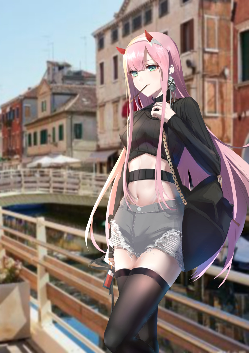 changpan_hutao darling_in_the_franxx horns sweater thighhighs torn_clothes zero_two_(darling_in_the_franxx)