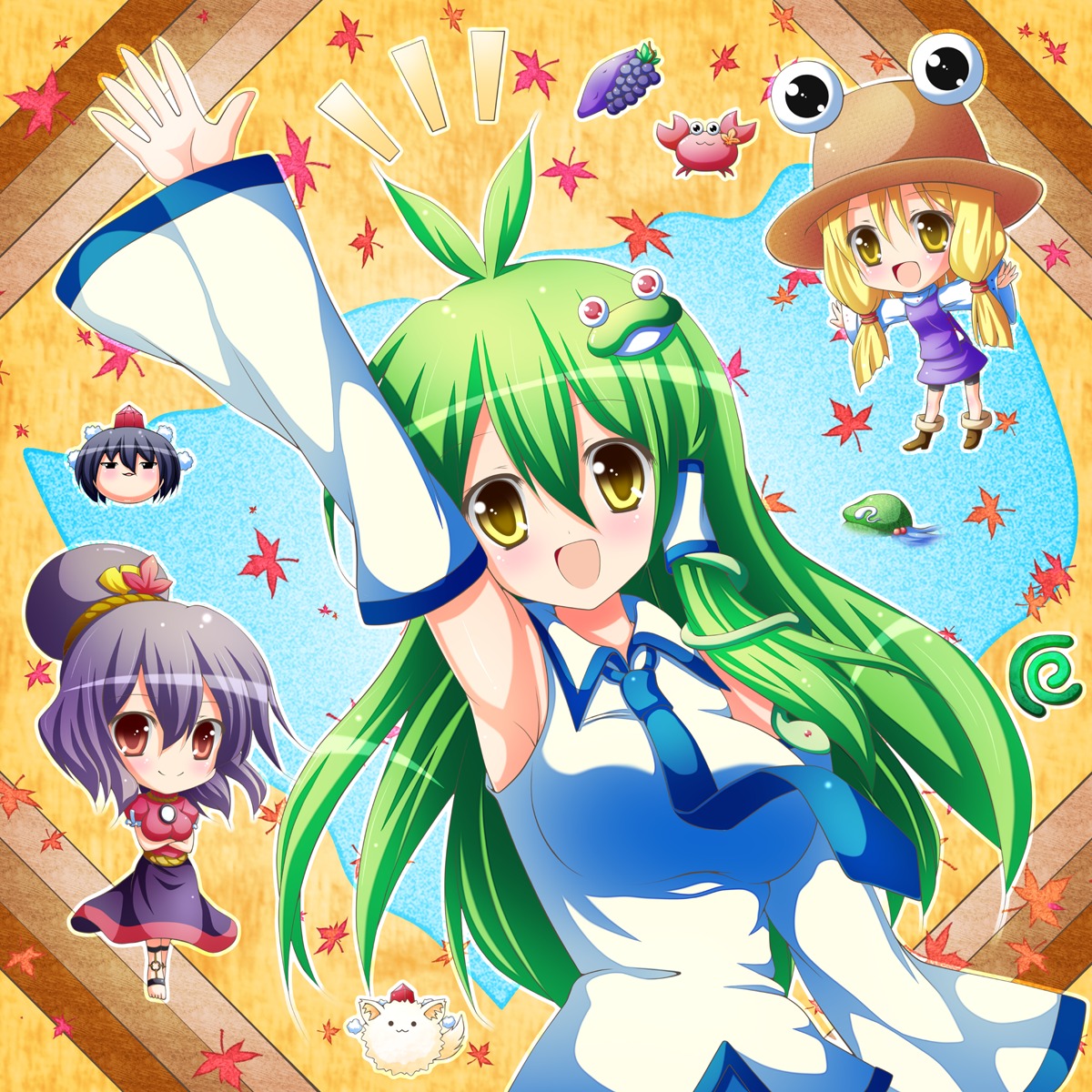 chibi inubashiri_momiji kawashiro_nitori kochiya_sanae moriya_suwako shameimaru_aya shin_osada touhou yasaka_kanako