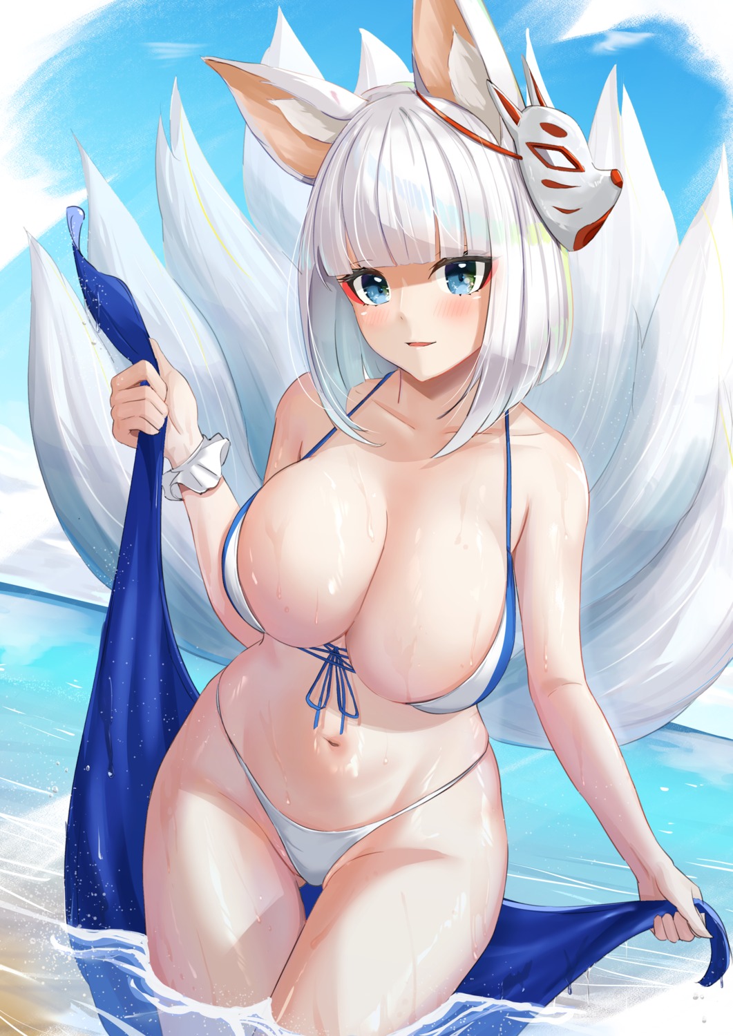 animal_ears azur_lane bikini kaga_(azur_lane) kitsune marumai swimsuits tail wet