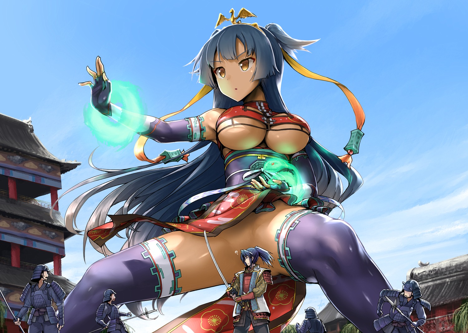 armor ebizome japanese_clothes no_bra nopan oshiro_project skirt_lift sword thighhighs underboob