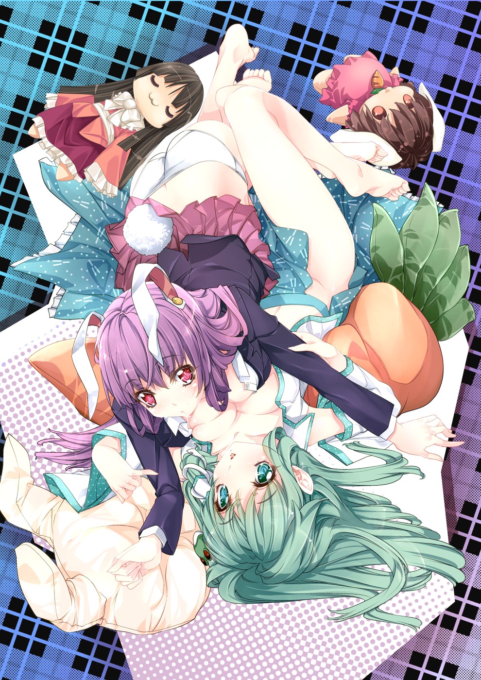 animal_ears bunny_ears ichikawa_ryuunosuke kochiya_sanae nopan open_shirt pantsu reisen_udongein_inaba seifuku skirt_lift symmetrical_docking tail touhou yuri