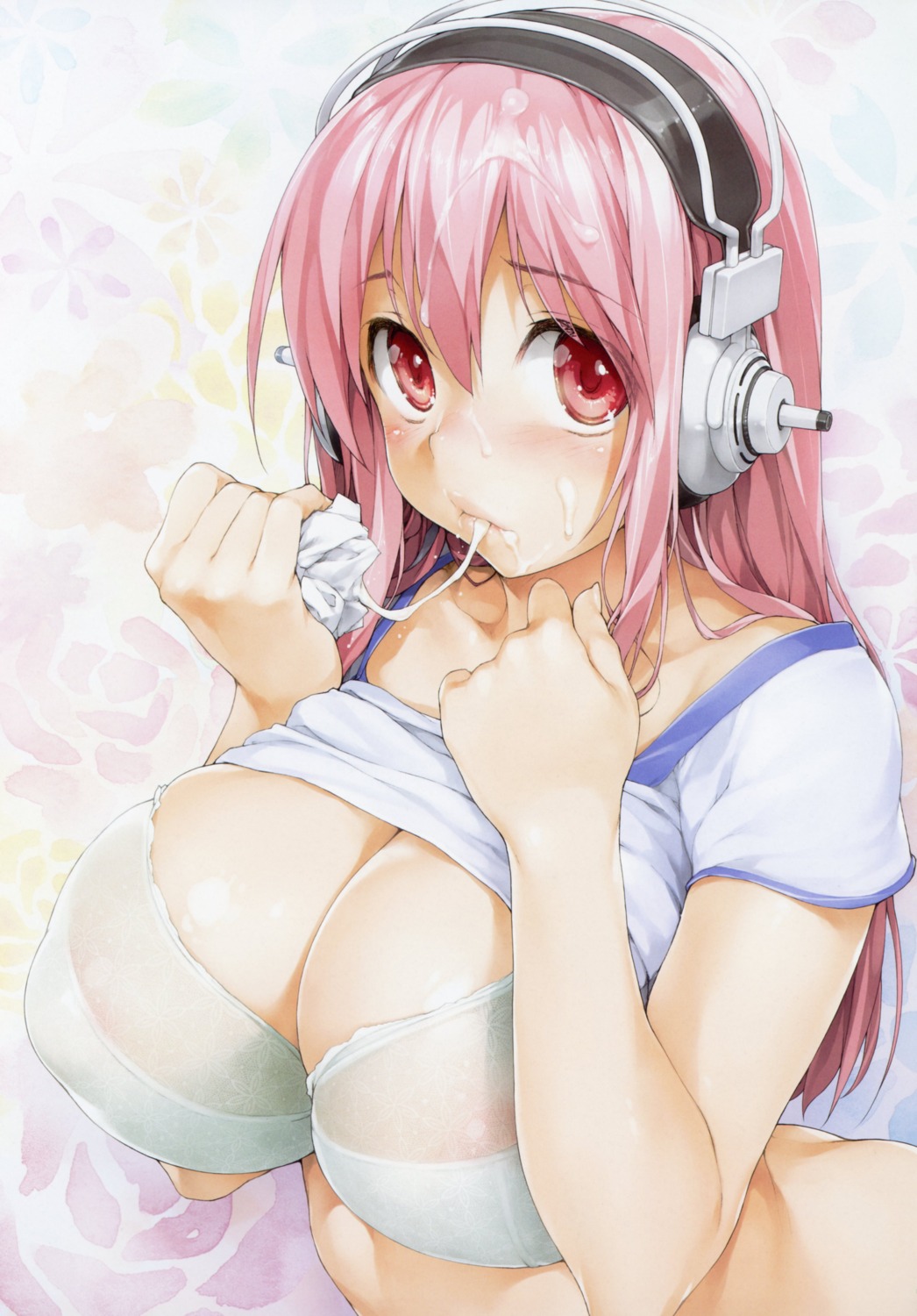 areola bra breast_hold cum headphones ishikei possible_duplicate see_through shirt_lift sonico super_sonico