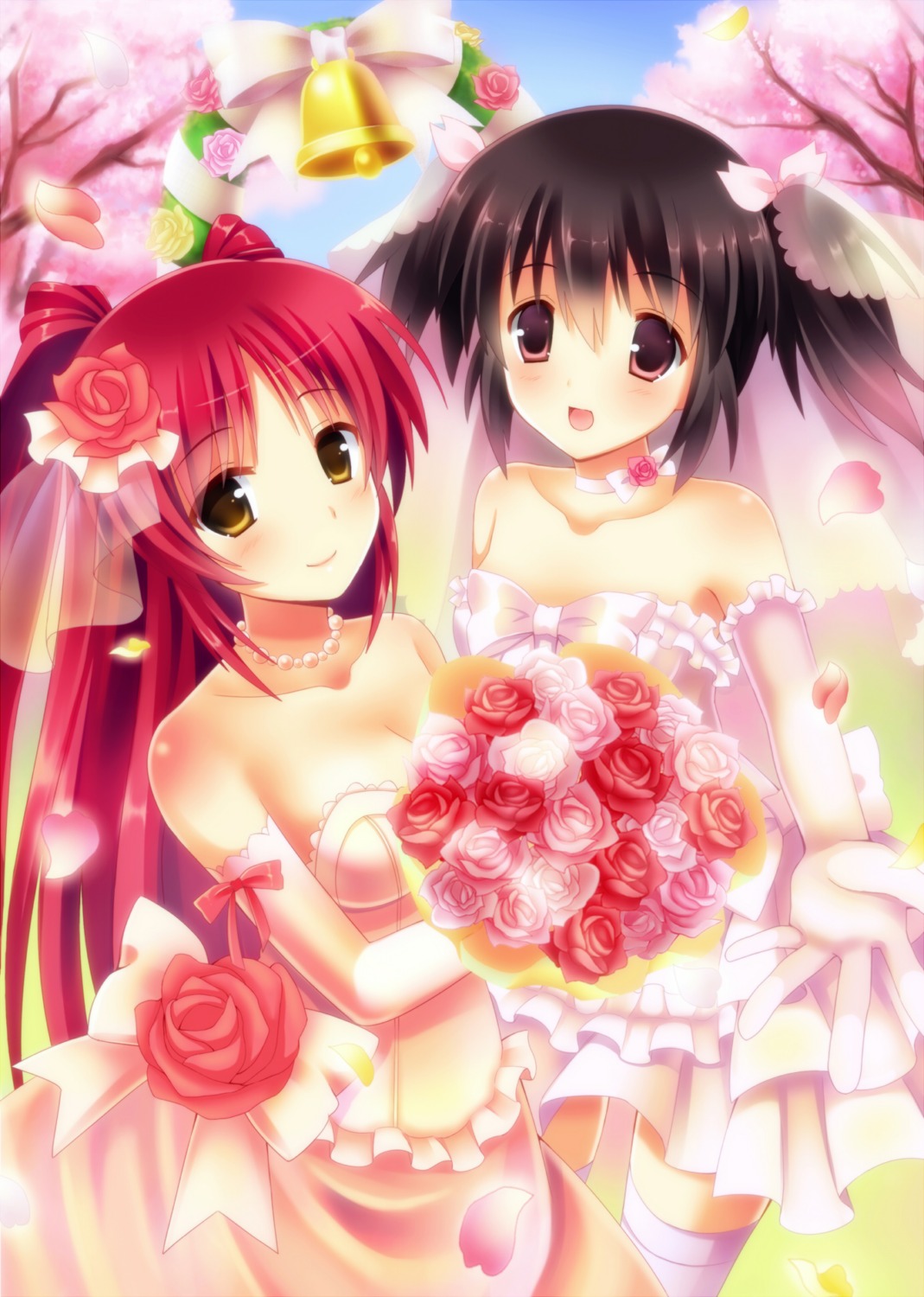 cleavage dress kousaka_tamaki no_bra suzu_(pixiv) thighhighs to_heart_(series) to_heart_2 wedding_dress yuzuhara_konomi