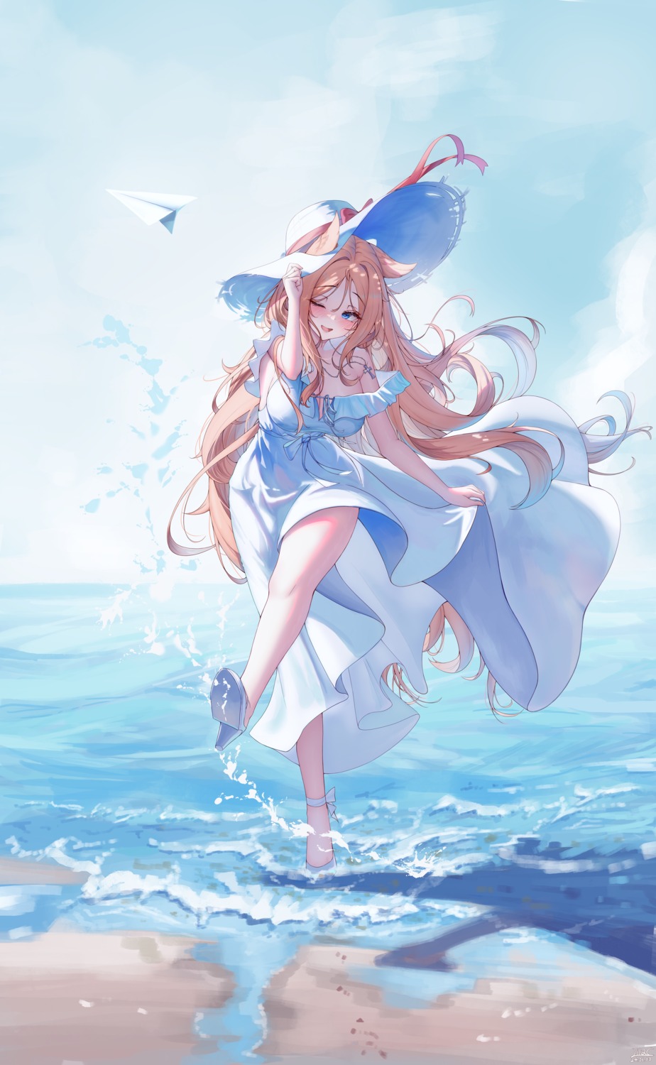 animal_ears archetto_(arknights) arknights dress heels lilac_(k32420276) skirt_lift summer_dress wet