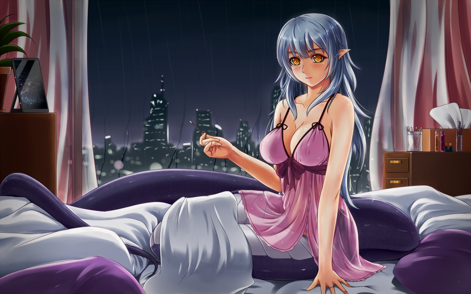 cleavage lingerie midnight monster_girl pointy_ears see_through sheets tail