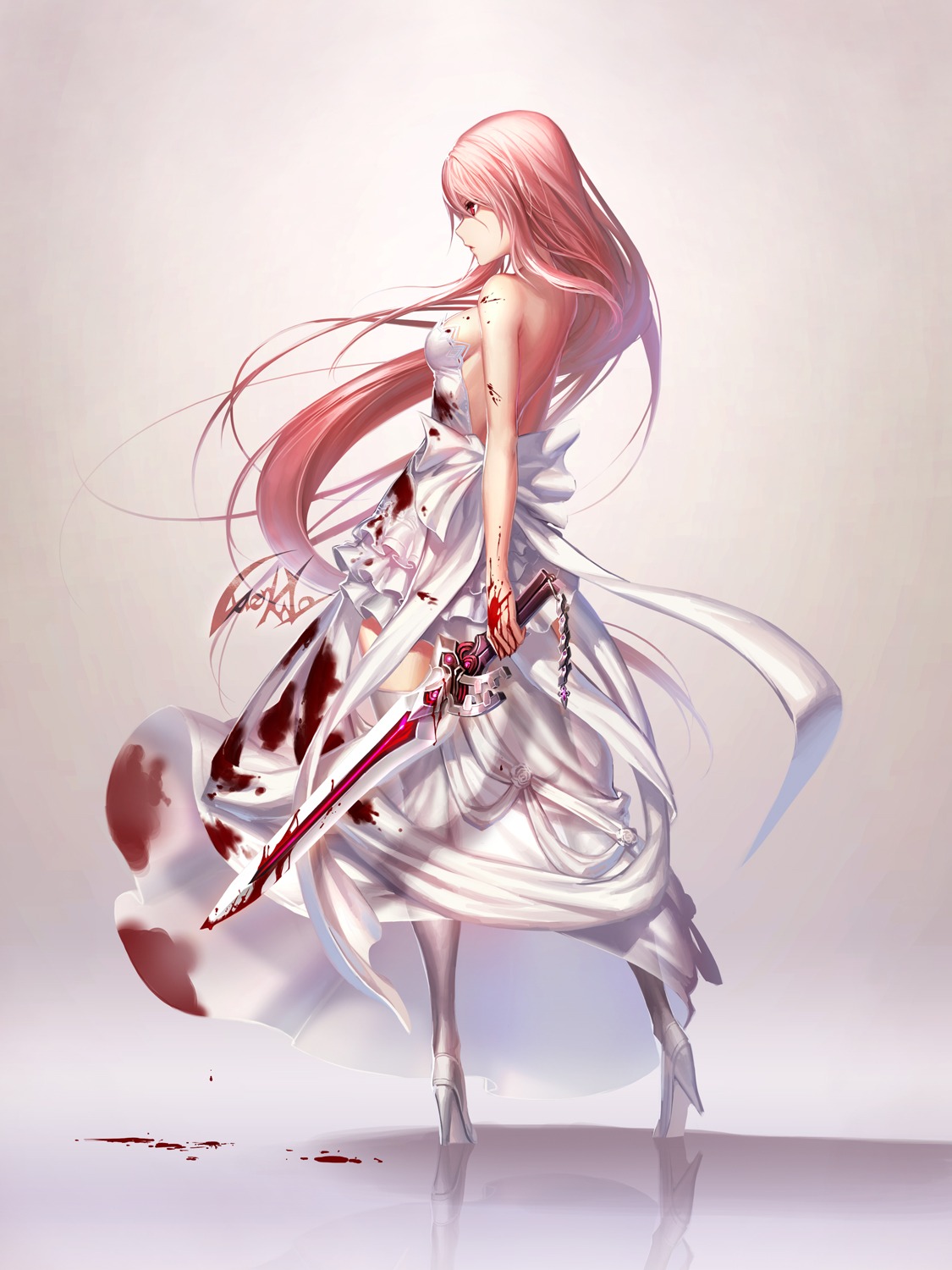 blood dress heels luen_kulo sword thighhighs